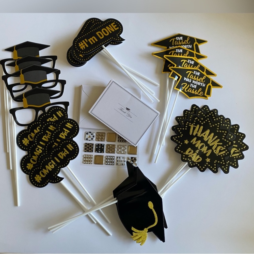 Graduation Cupcake Cake Toppers Decorations Thank You Notes Black Gold NWT OS